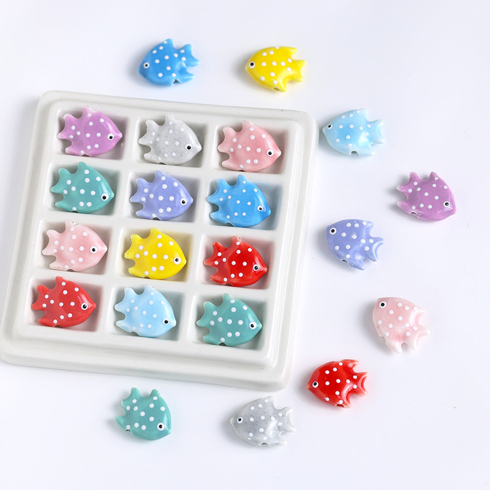 Polka Dotted Fish Ceramic Beads 21mm Colorful Glazed 5pcs