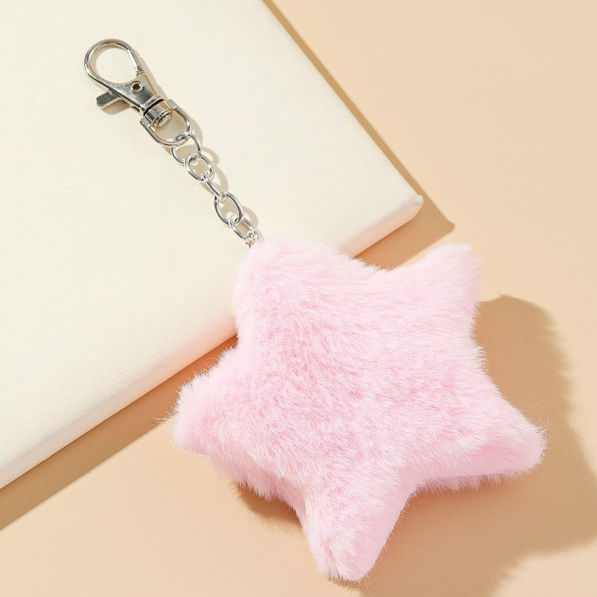 Plush Star Keychain Five-Pointed Soft Fuzzy Pink Charm 3