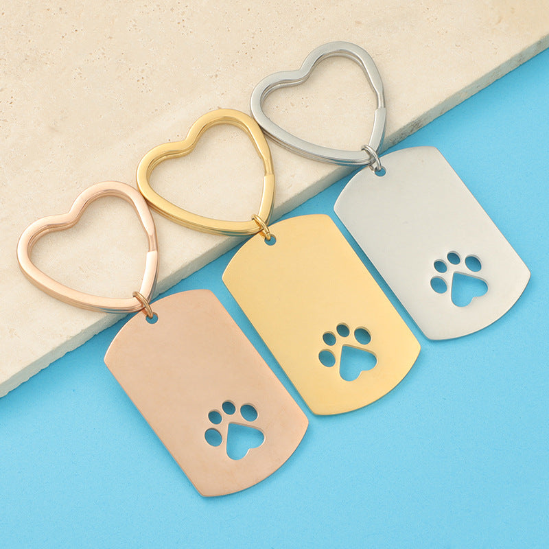 Stainless Steel Dog Claw Keychain with Heart Ring and Paw Cutout