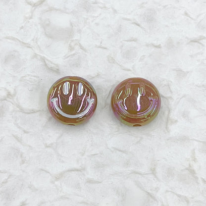 UV Plating Flat Round Acrylic Beads 15mm Glossy Smiley Face 1pc 10