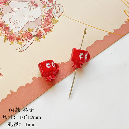 Christmas Painted Alloy Metal Beads Bright Red Glossy White 10pcs 7
