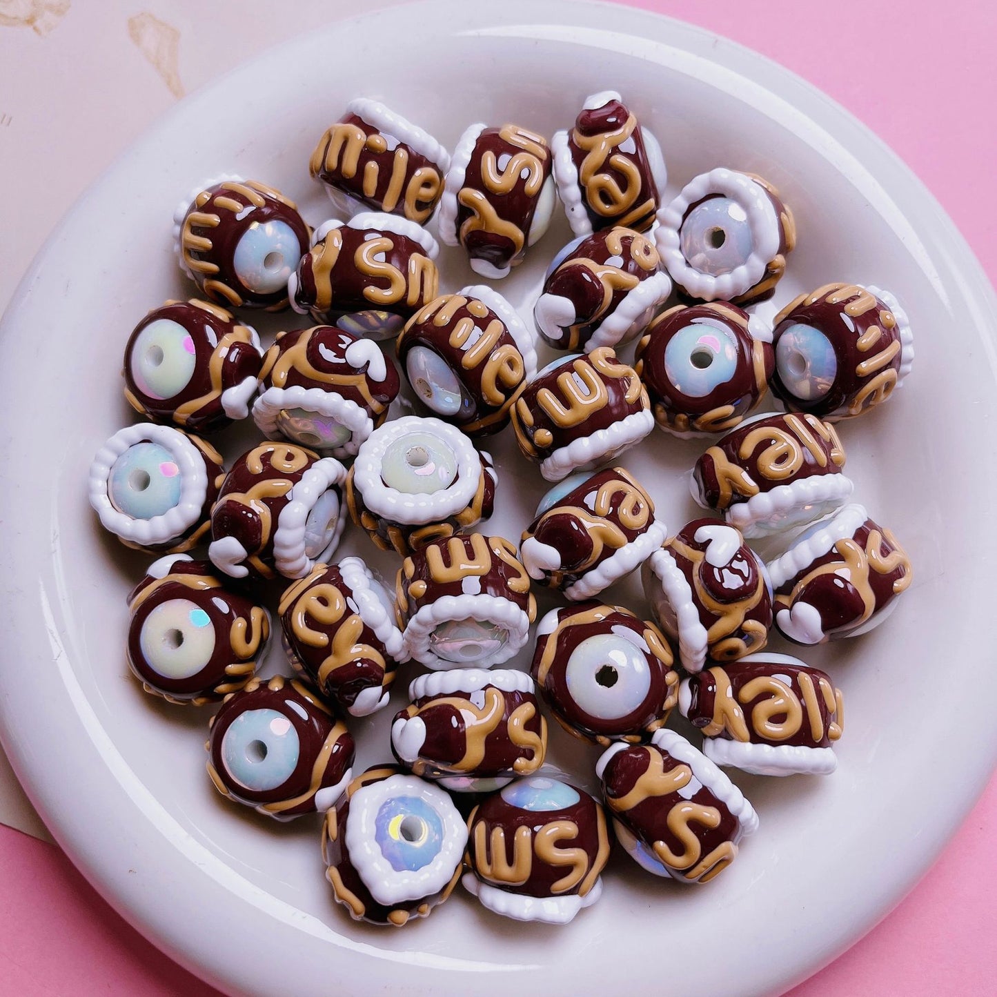 Hand-Painted Cake Acrylic Beads 16mm Glossy Brown Swirls 5pcs 9