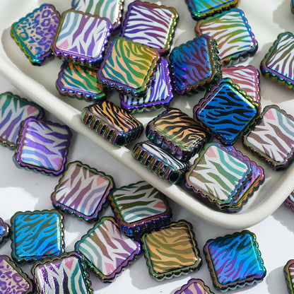 Plating Square Acrylic Beads 18mm Leopard Lace Pattern 10pcs