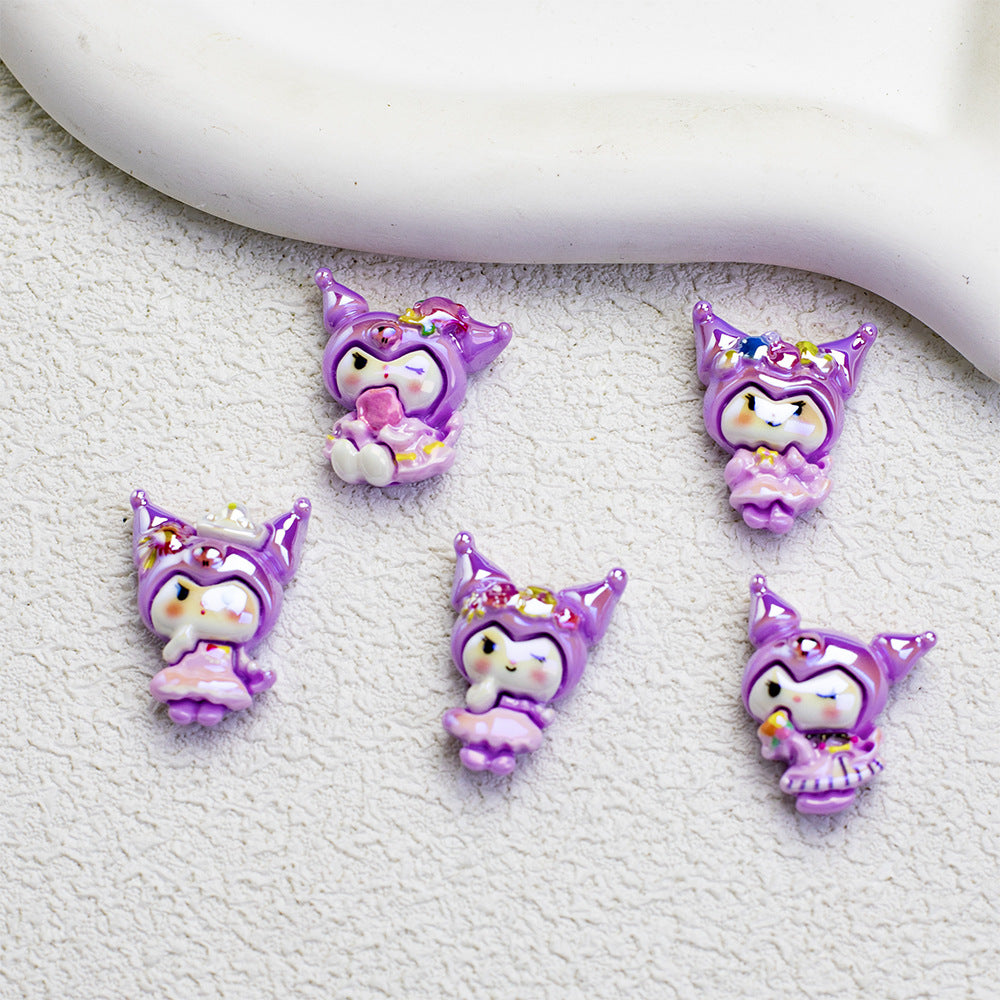 Glossy Purple Kuromi Resin Beads 10pcs Vibrant Floral Details 4