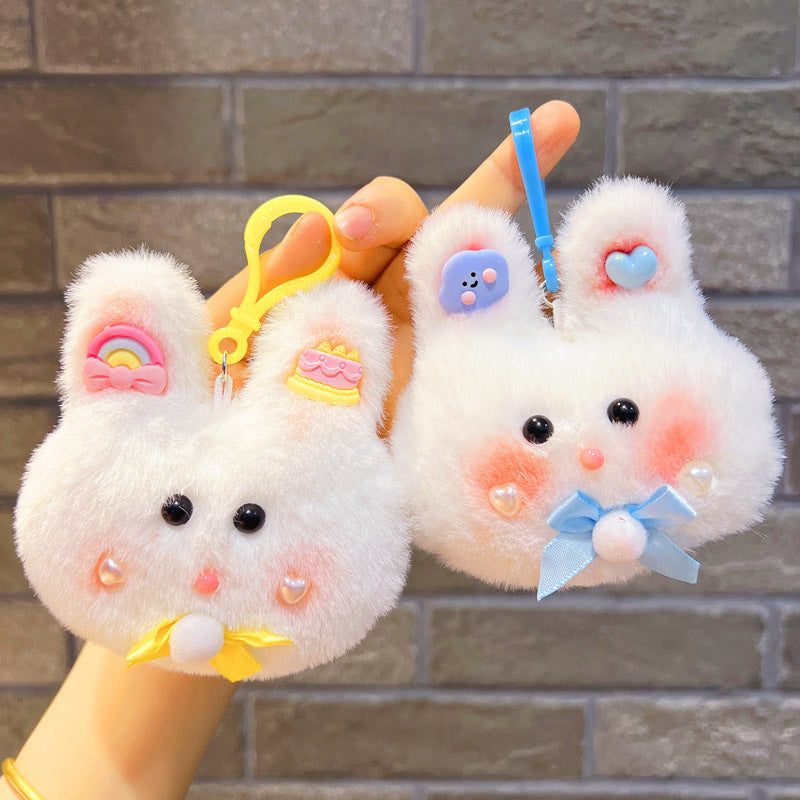 Plush Bow Tie Rabbit Head Keychain Soft Pastel Animal Charm