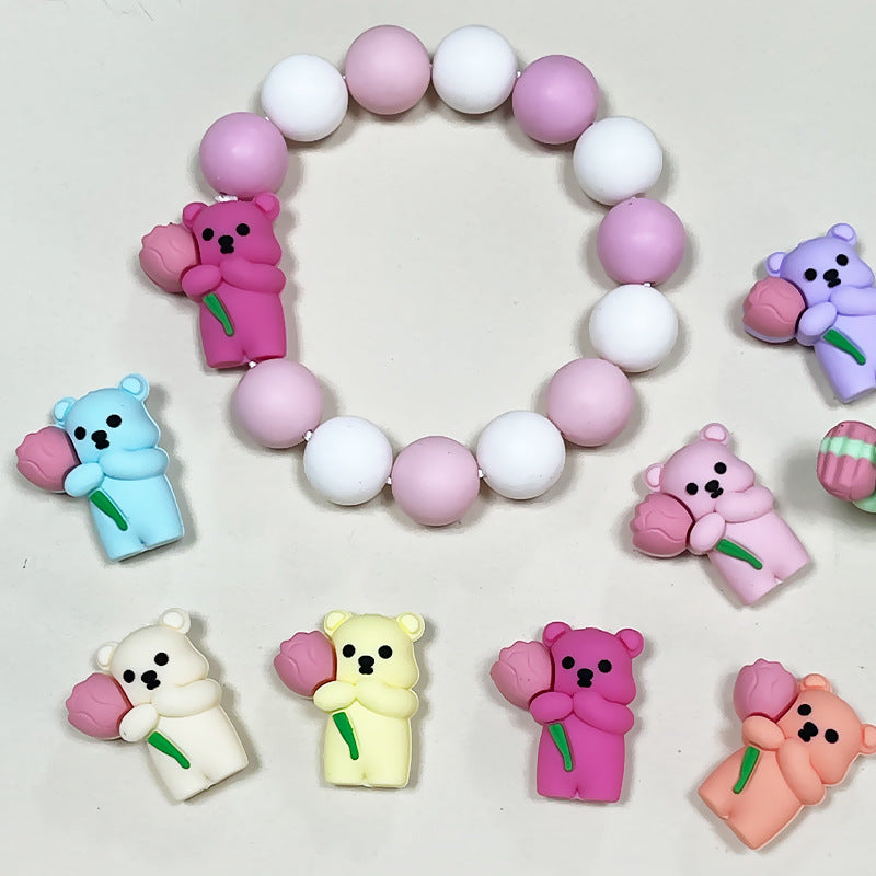 Silicone 3D Focal Beads Teddy Bear Holding Rose 20pcs 3