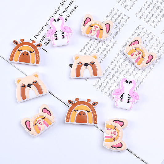 Silicone Focal Beads Rainbow Animal Bear Giraffe Elephant Flamingo 20pcs 2