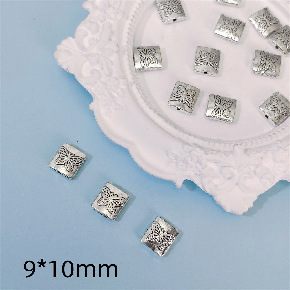 Square Metal Beads 10mm Butterfly Pattern Antique Silver Tone 100pcs 5