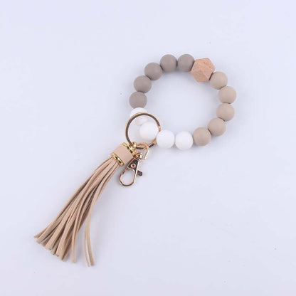 Octagonal Silicone Bead Wristlet Keychain Matte Beech Wood Tassel 16