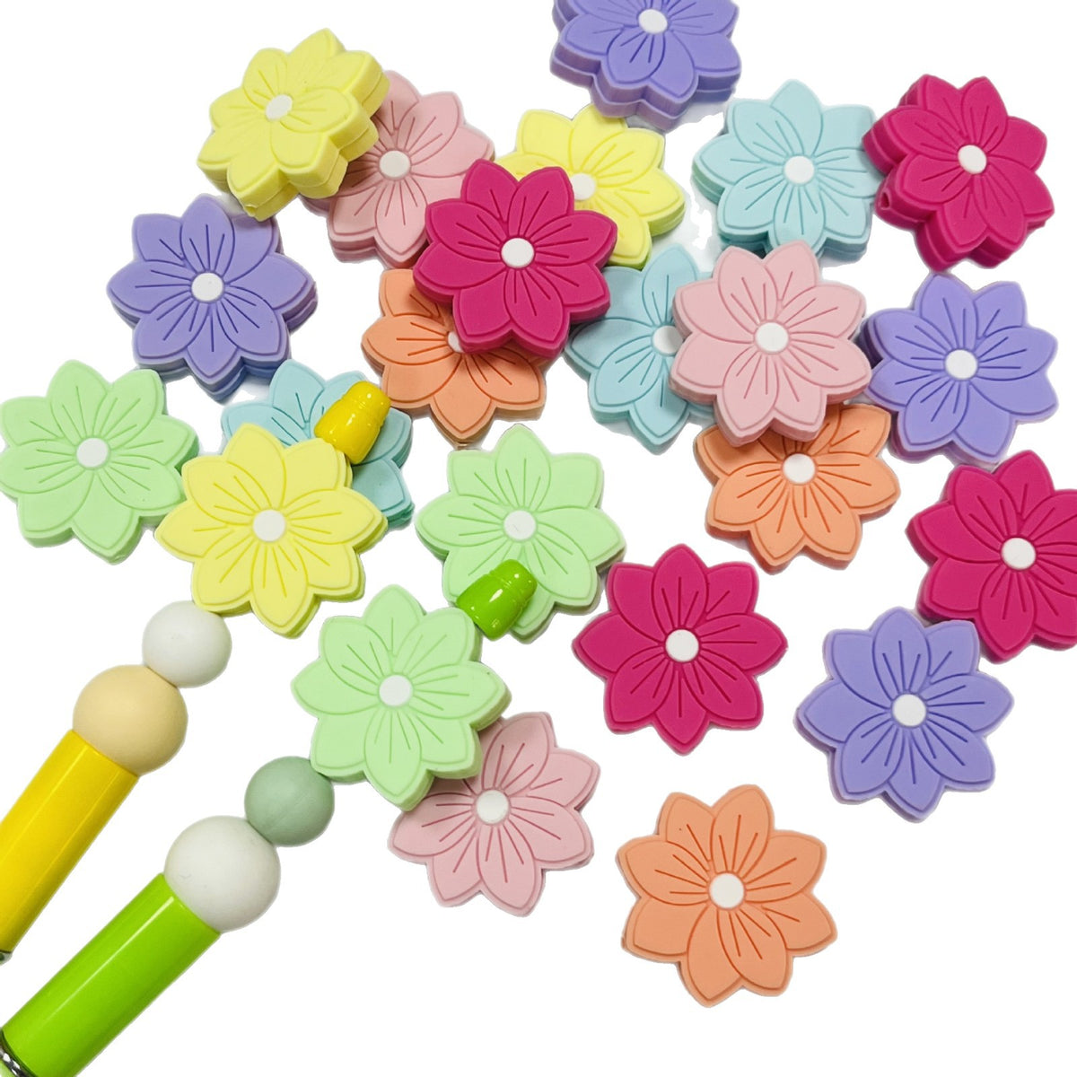 Silicone Focal Beads Flower Macaron Color Etched Petal Design 20pcs