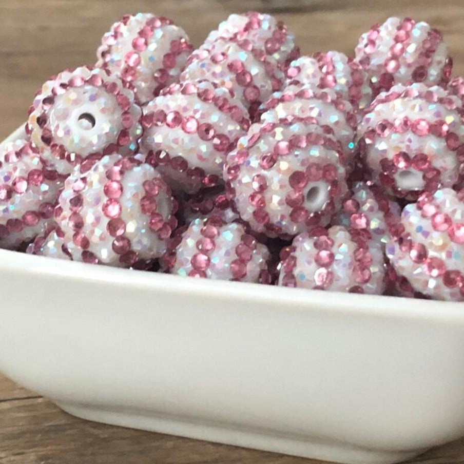 Rhinestone Bubblegum Beads 16-22mm Pink White Striped Resin 5pcs