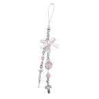 Pink Bow Phone Charm Acrylic Metal Silver Heart Beads 3pcs 5