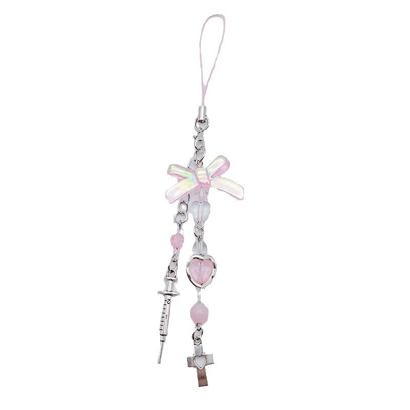 Pink Bow Phone Charm Acrylic Metal Silver Heart Beads 3pcs 5