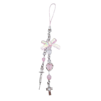 Pink Bow Phone Charm Acrylic Metal Silver Heart Beads 3pcs 5