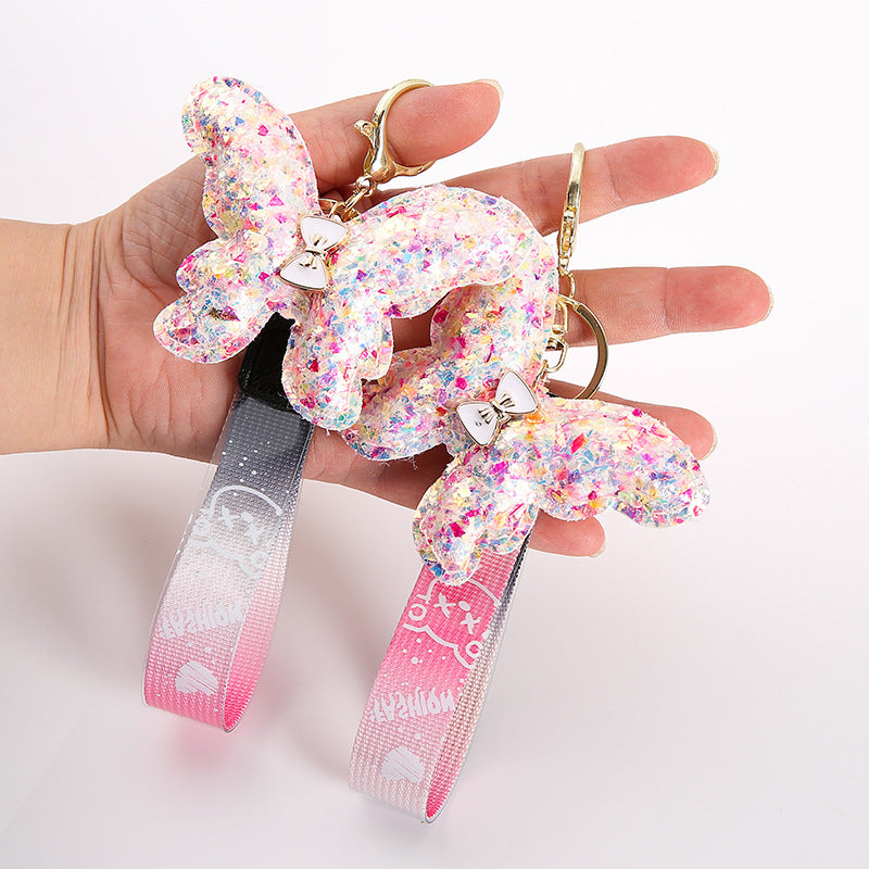 Sequin Butterfly Keychain Iridescent Wings Pink Black Strap 3