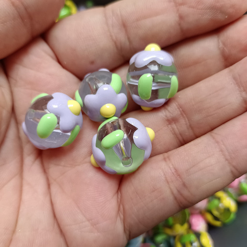 Hand Painted Flower Acrylic Beads 16mm Transparent Round 100pcs 7