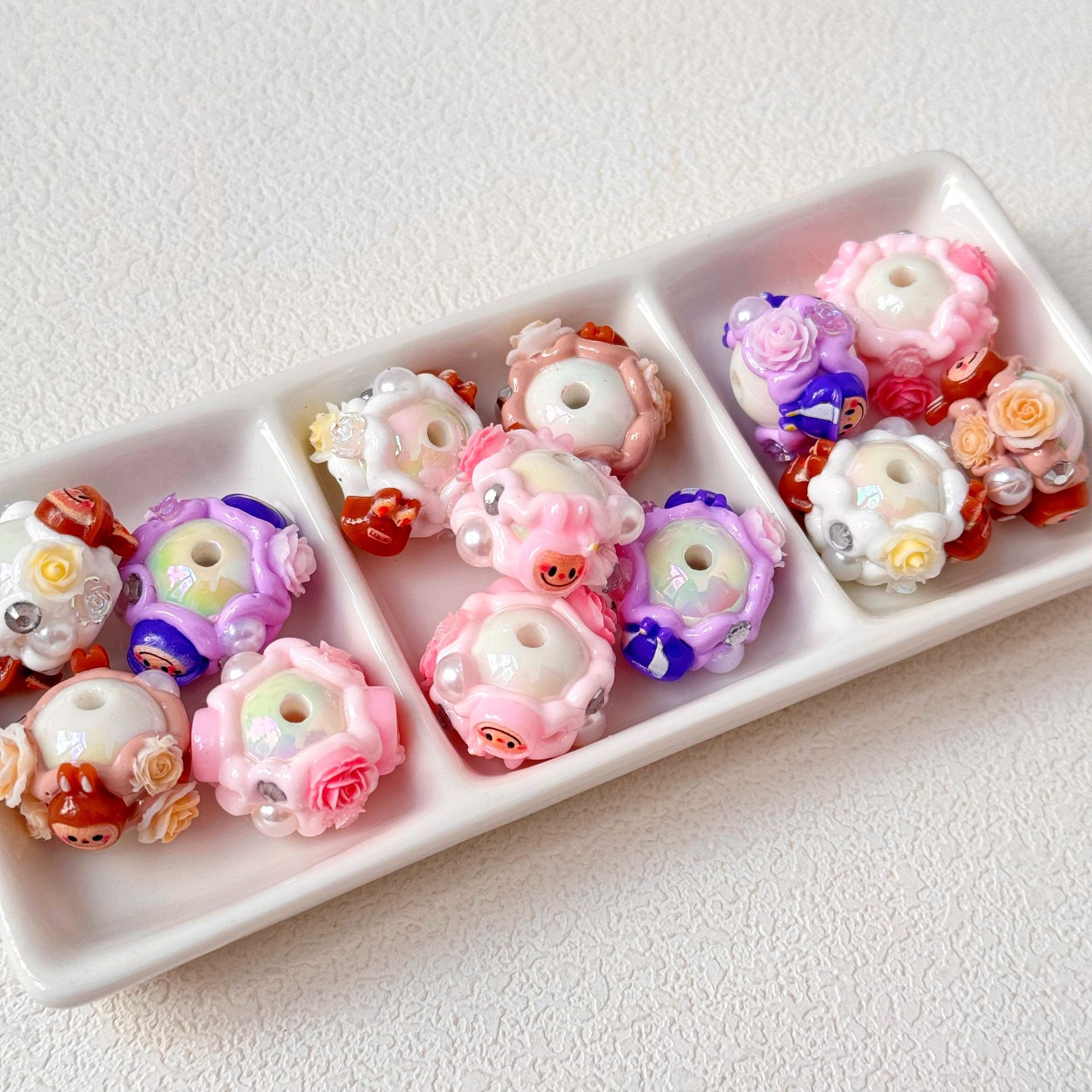 Hand Painted Floral Labub Acrylic Beads 16mm 10pcs 6