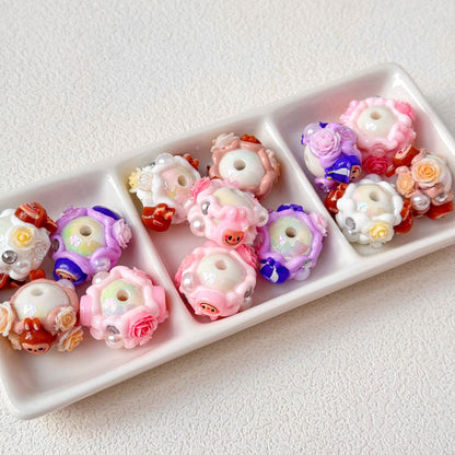 Hand Painted Floral Labub Acrylic Beads 16mm 10pcs 6