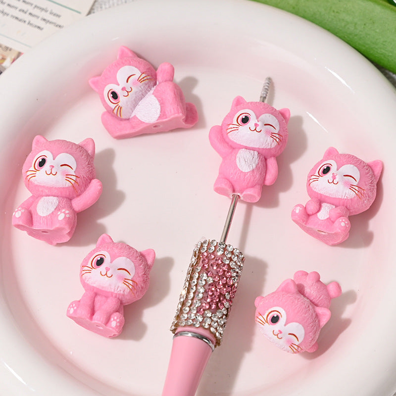3D Pink Kitten Resin Beads 31mm Playful Textured Design 10pcs