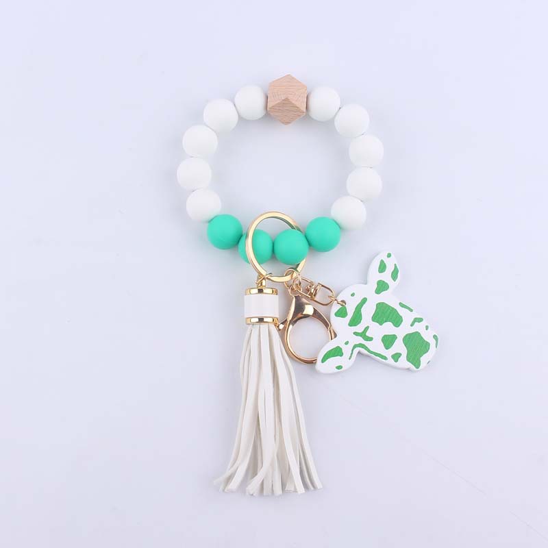Silicone Beaded Wristlet Keychain with Leather Tassel and Cow Print Charm 12