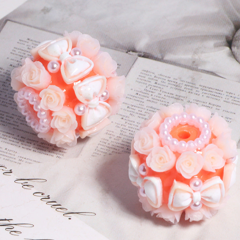 Floral Bubblegum Beads 20mm Bow Rose Cluster Polymer Clay 5pcs 7