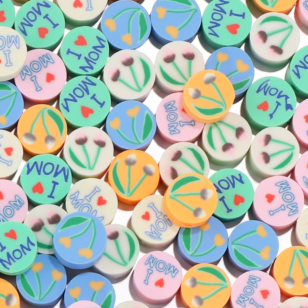 Flat Clay Beads 9mm Mother'S Day Series Pattern Polymer 100pcs 8