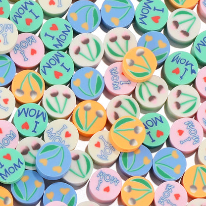 Flat Clay Beads 9mm Mother'S Day Series Pattern Polymer 100pcs 8