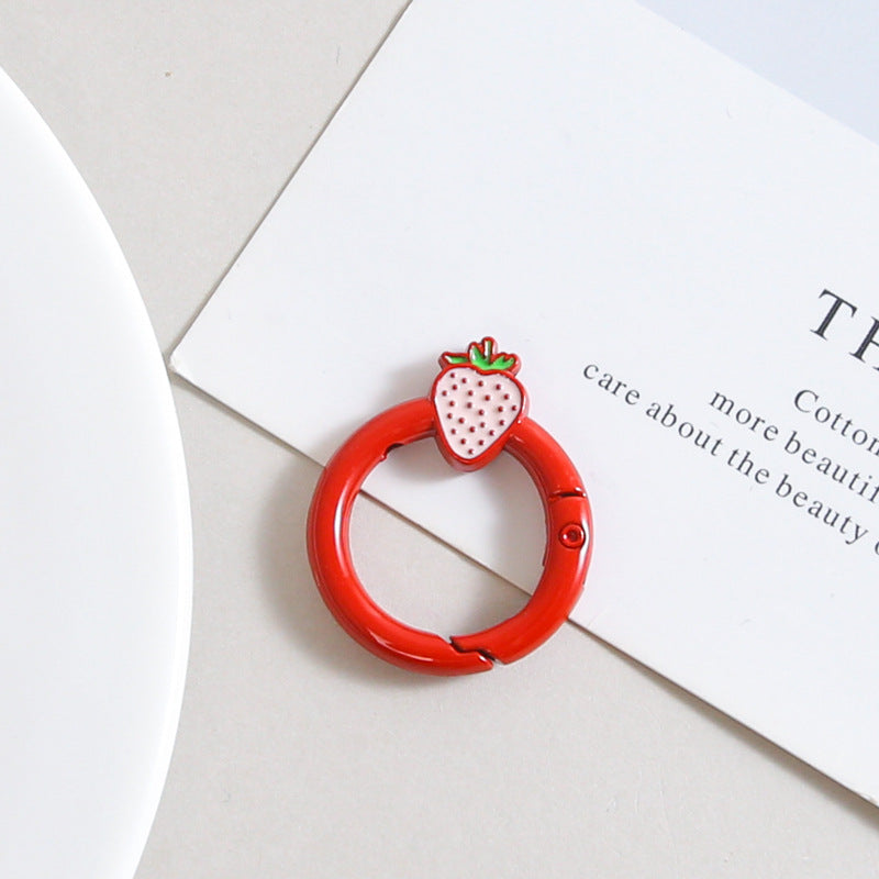 Strawberry Painted Circle Zinc Alloy Trigger Spring Keyrings 6pcs 32mm 9