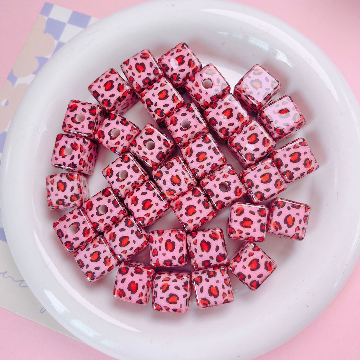 Leopard Bow Print Acrylic Square Beads 14mm Colorful Glossy 10pcs 6
