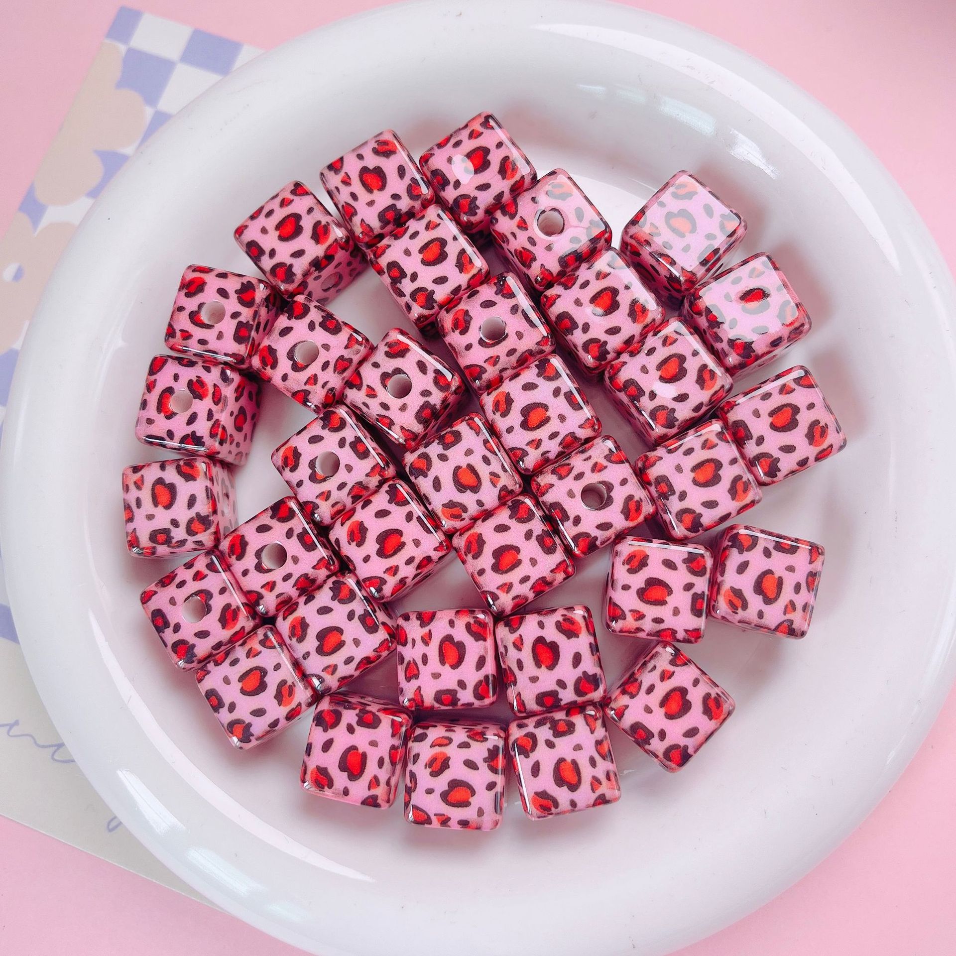 Leopard Bow Print Acrylic Square Beads 14mm Colorful Glossy 10pcs 6