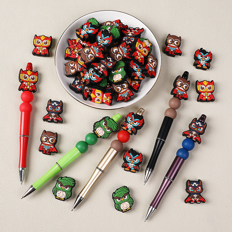 Silicone Focal Beads Owl Super Hero Wearing Mask and Cape 20pcs 2
