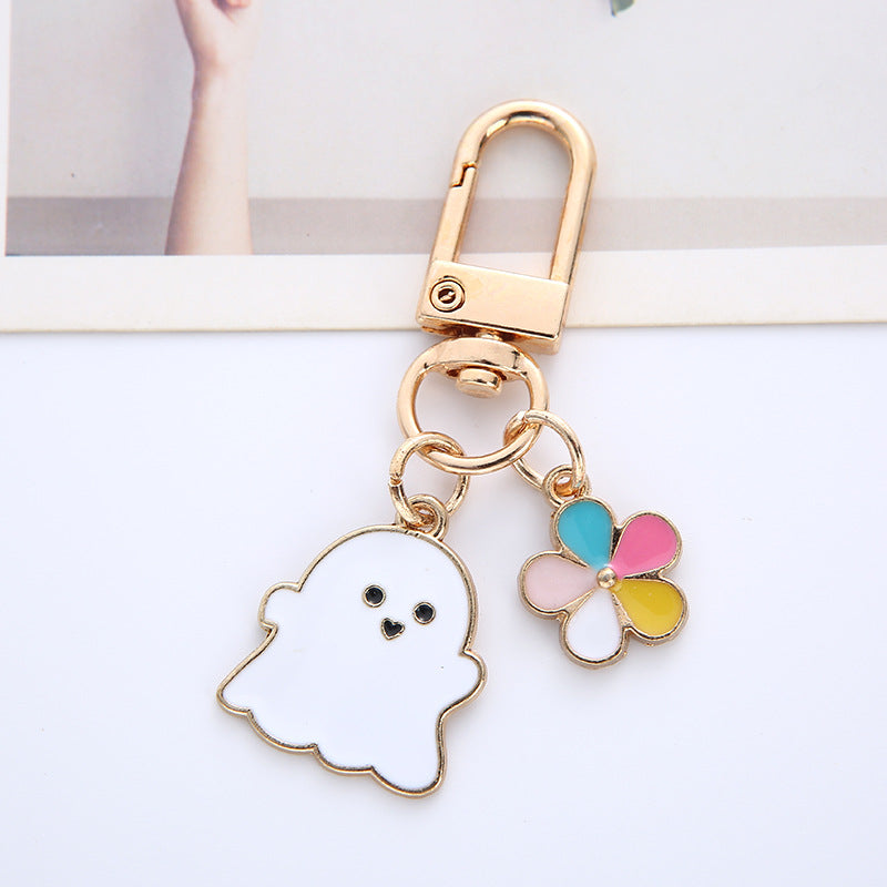 Enamel Pastel Ghost Halloween Keychain with Flower Charm Zinc Alloy 4