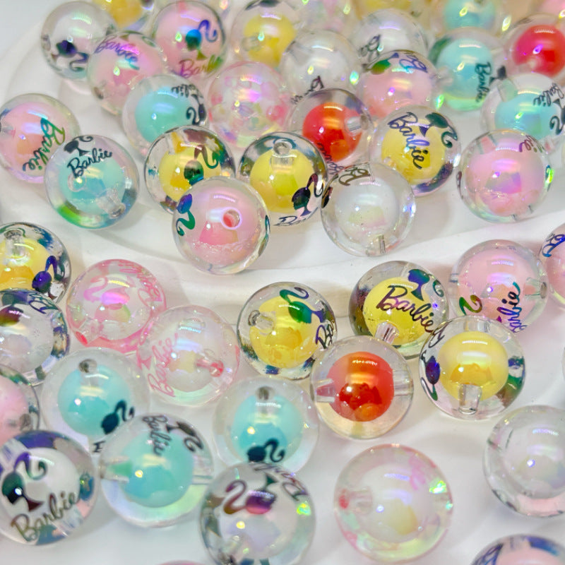 Plating Acrylic Beads 16mm Barbie Printed Colorful Mixed 50pcs