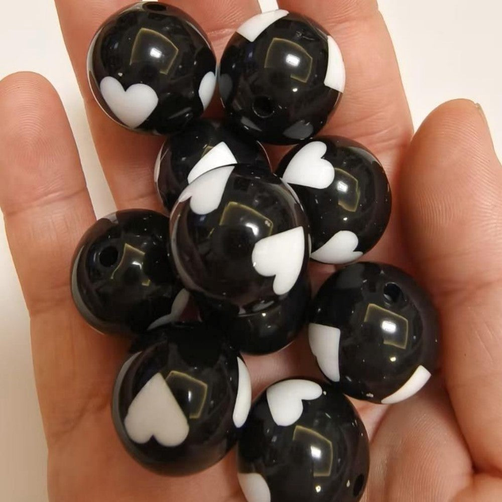 Printed Bubblegum Beads 20mm Black Heart Design 10pcs 2