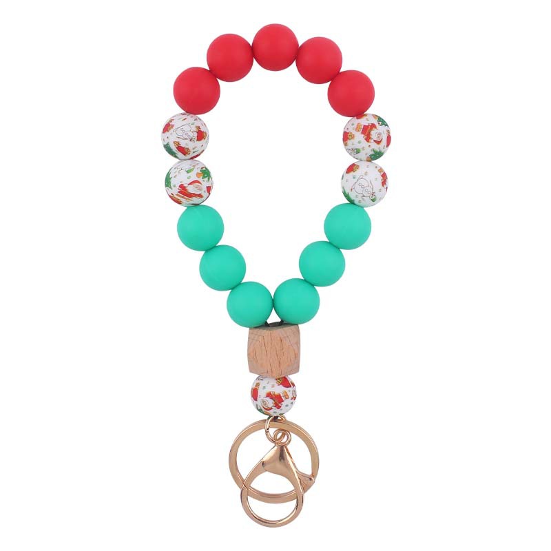 Leopard Wood Octagonal Silicone Bead Wristlet Keychain 8