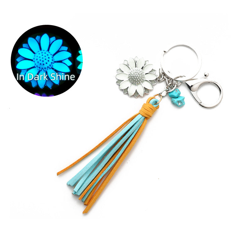 Western Glow in the Dark Ox Skull Keychain Metal Turquoise Tassel 16