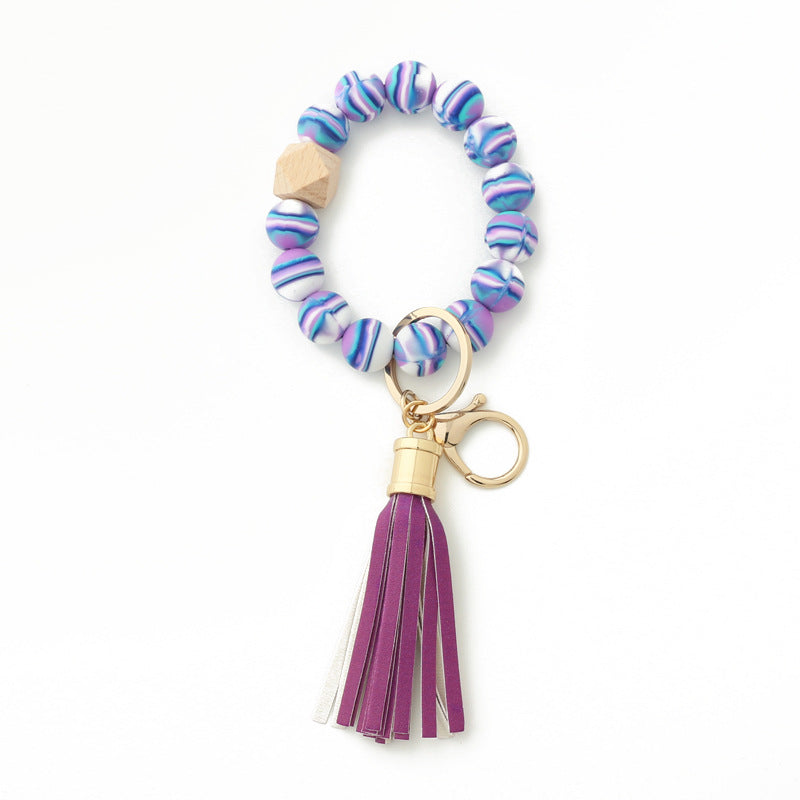 Silicone Bead Bracelet Wrist Keychain Marbled Beech Wood Tassel 10