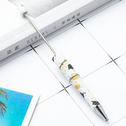 Beadable Pen Plastic Black Barrel Golden Caps Printed Graduation 10