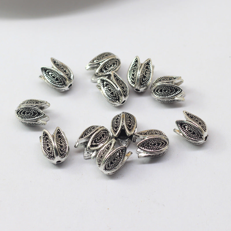 Tulip Metal Beads 9mm 11mm Vintage Distressed Antique Silver 100pcs