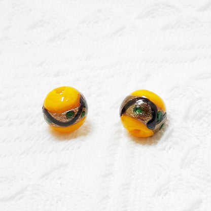 Lampwork Glass Beads Round 12mm Vintage Wavy Line Gold Foil 10pcs 10