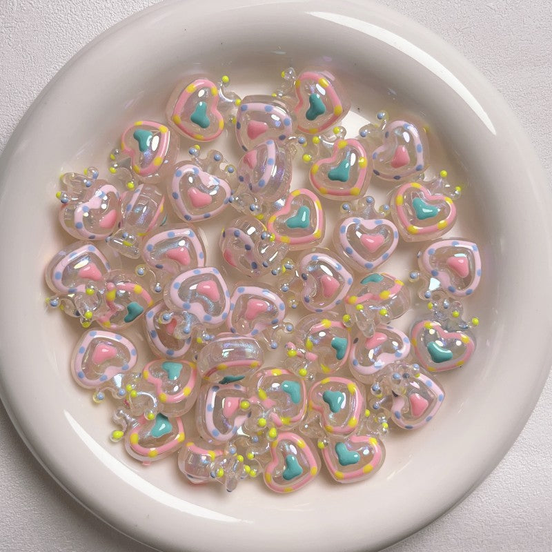 Glow Hand-Painted Heart Crown Acrylic Beads 25mm Pastel 2pcs 6