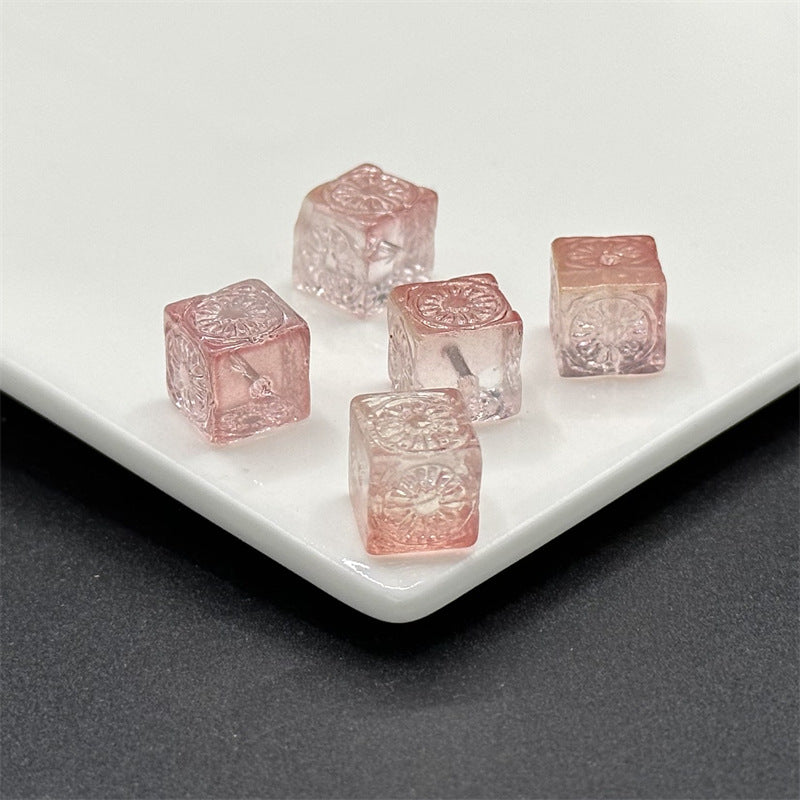 Carving Square Glass Beads 14mm Transparent Pastel Mixed 100pcs 11