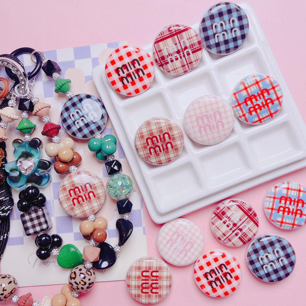 Flat Acrylic Beads 27mm Plaid Pattern Brand Logo Printed 5pcs