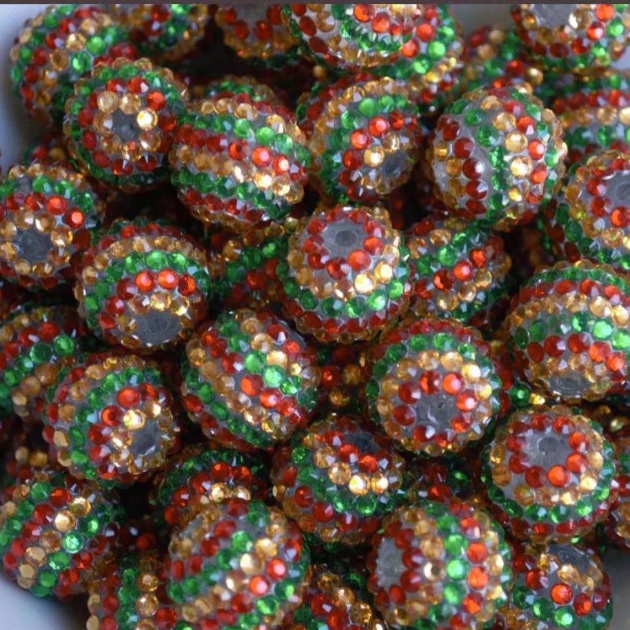 Rhinestone Bubblegum Beads 16-22mm Striped Christmas Green Red Coffee 5pcs 2