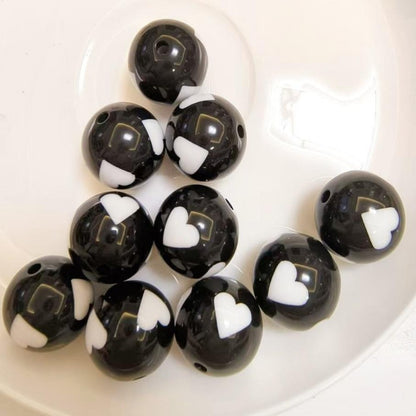 Printed Bubblegum Beads 20mm Black Heart Design 10pcs