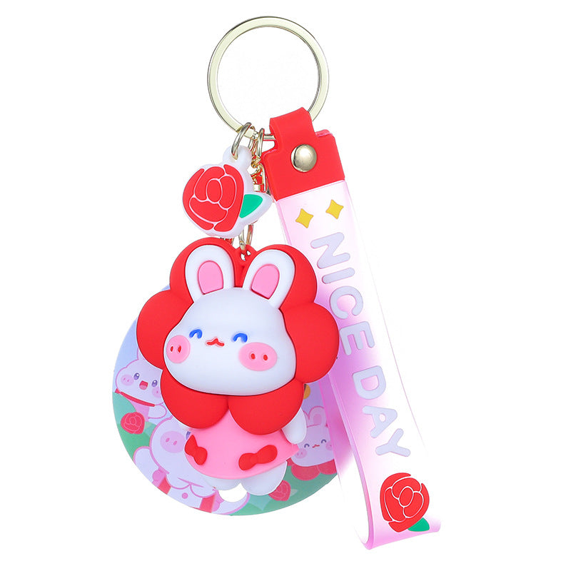 PVC Flower Bunny Keychain Cute Rabbit Charm with Nice Day Strap 5