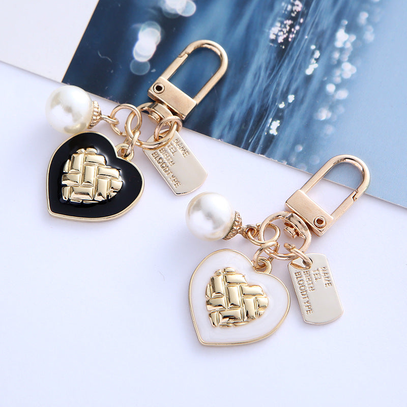 Metal Alloy Heart Keychain Enamel Finish Woven Gold Tone Pearl Detail 2