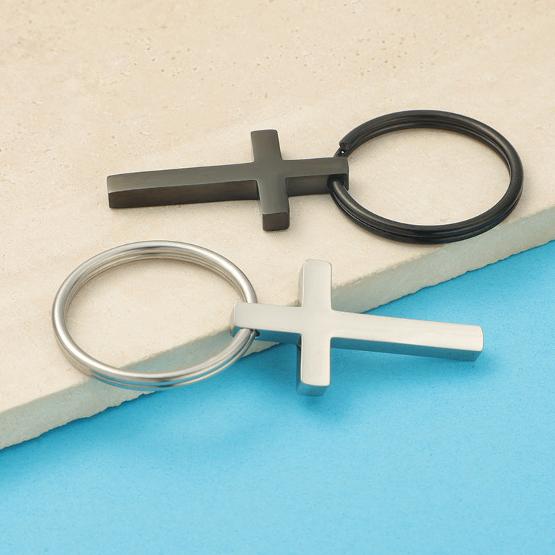 Stainless Steel Cross Keychain Minimalist Polished Silver and Black