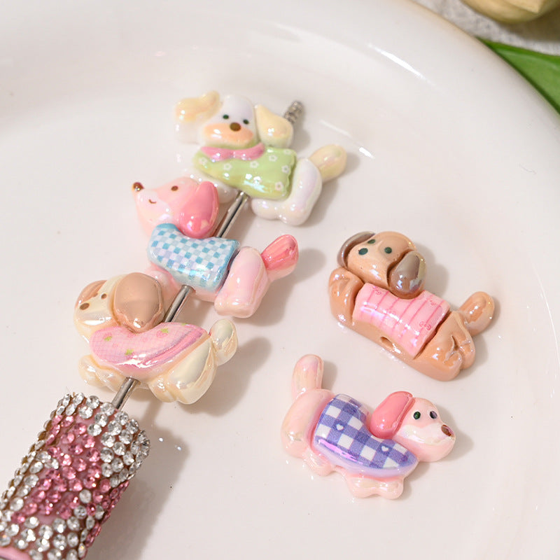 Plating Cute Puppy Resin Beads 26mm Pastel Plaid 10pcs 6