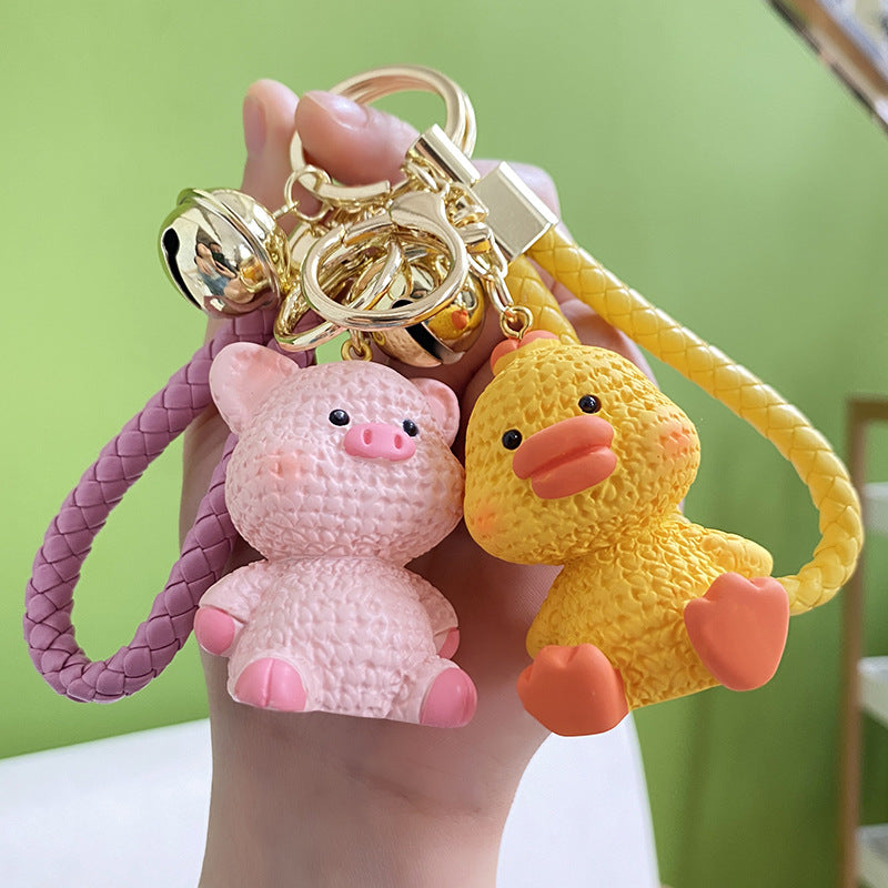 Resin Animal Keychain Pig Duck with Braided Strap and Gold Accents